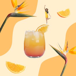 Creative collage with cocktail and tropical flowers on color background. Stylish artwork