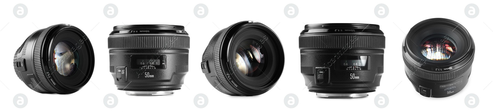 Image of Camera lens on white background, collage. Photographer's equipment