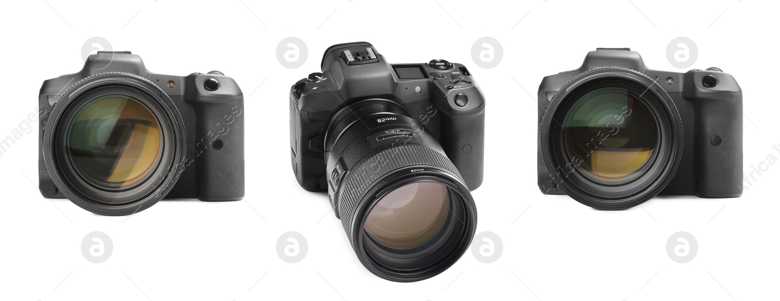 Image of Modern camera with lens on white background, collage. Photographer's equipment