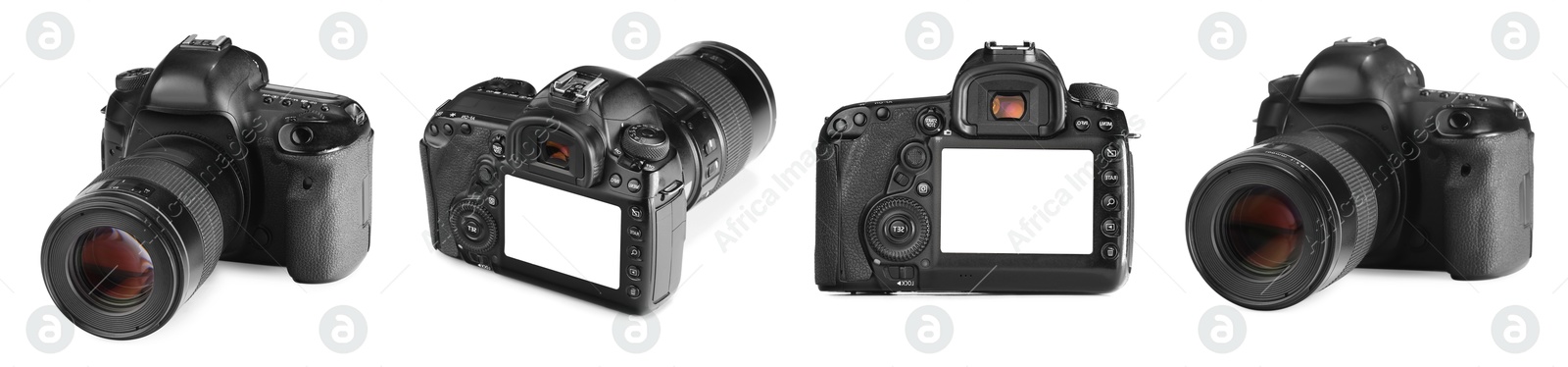 Image of Modern camera with lens on white background, collage. Photographer's equipment