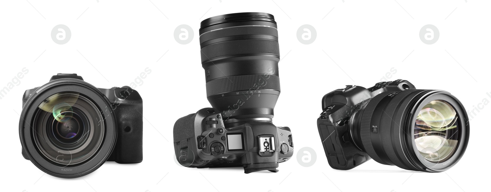 Image of Modern camera with lens on white background, collage. Photographer's equipment