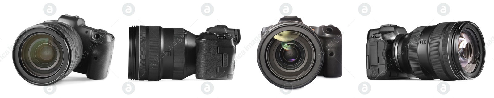 Image of Modern camera with lens on white background, collage. Photographer's equipment