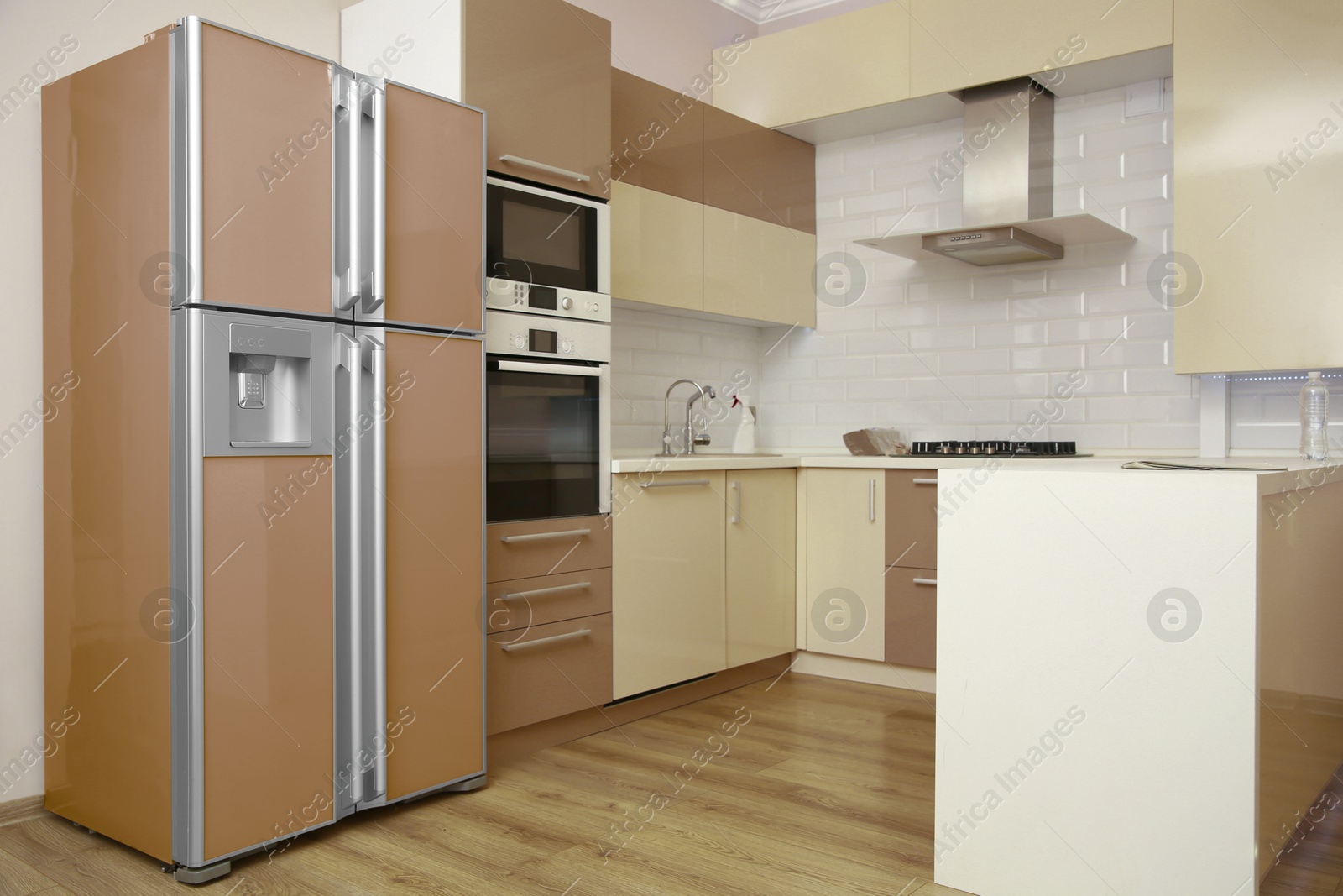 Image of Brown refrigerator in furnished kitchen. Stylish interior