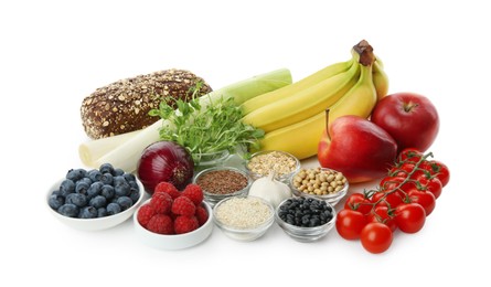 Photo of Different fresh products isolated on white. Source of prebiotics