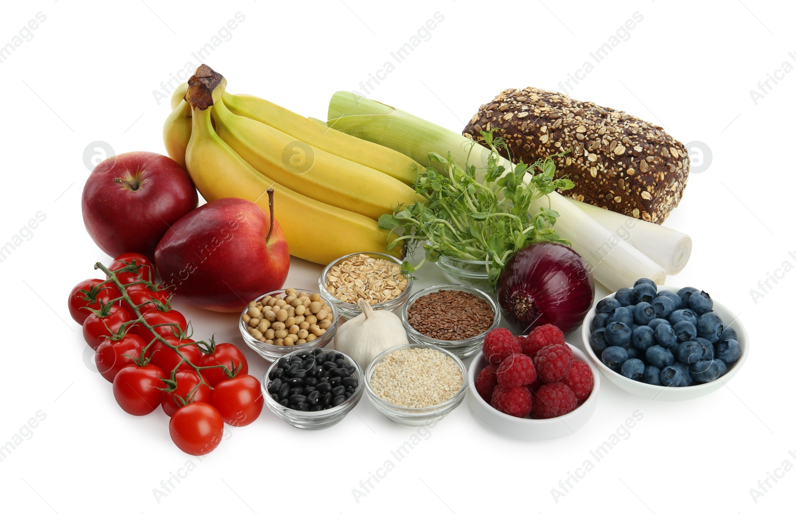 Photo of Different fresh products isolated on white. Source of prebiotics