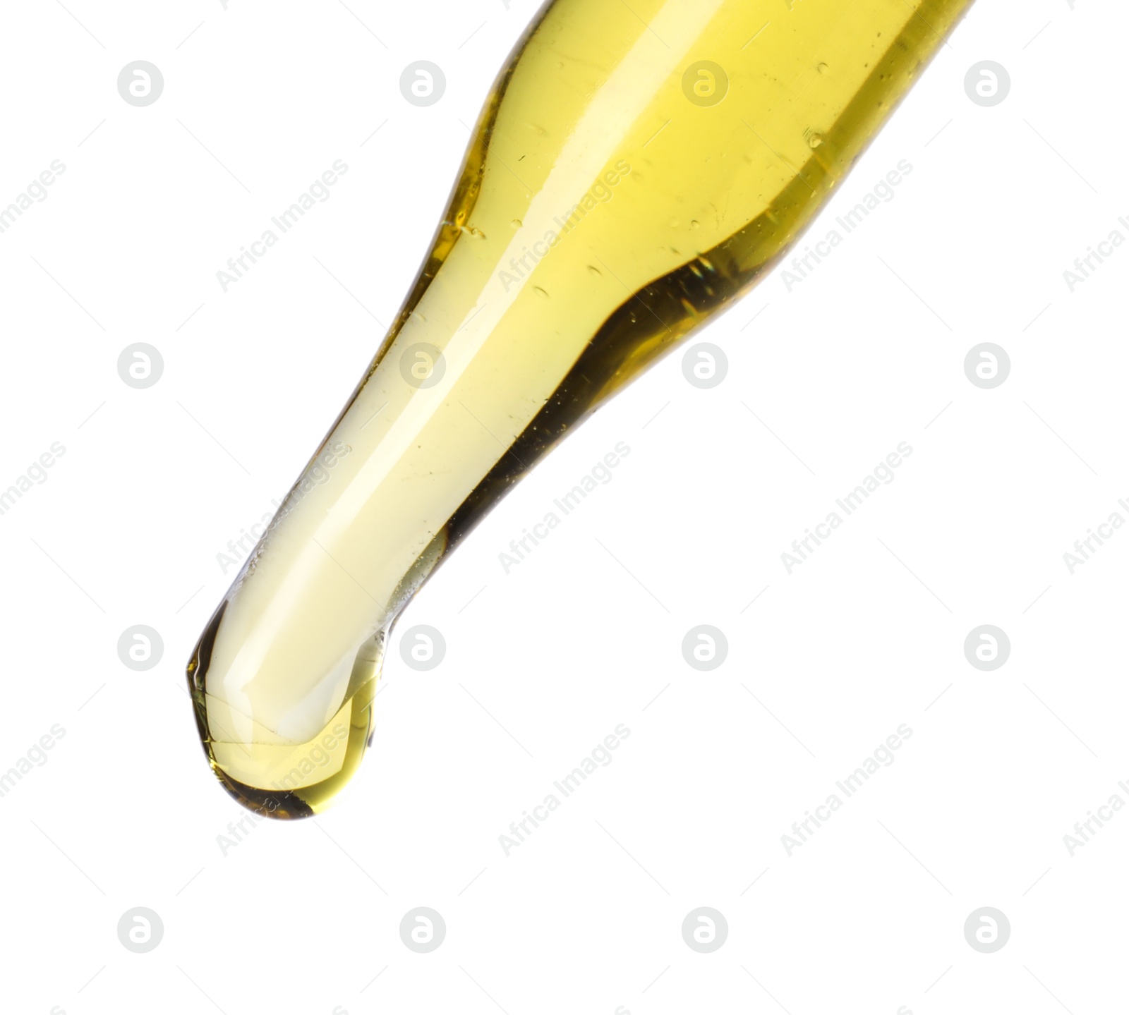 Photo of Dripping essential oil from pipette on white background