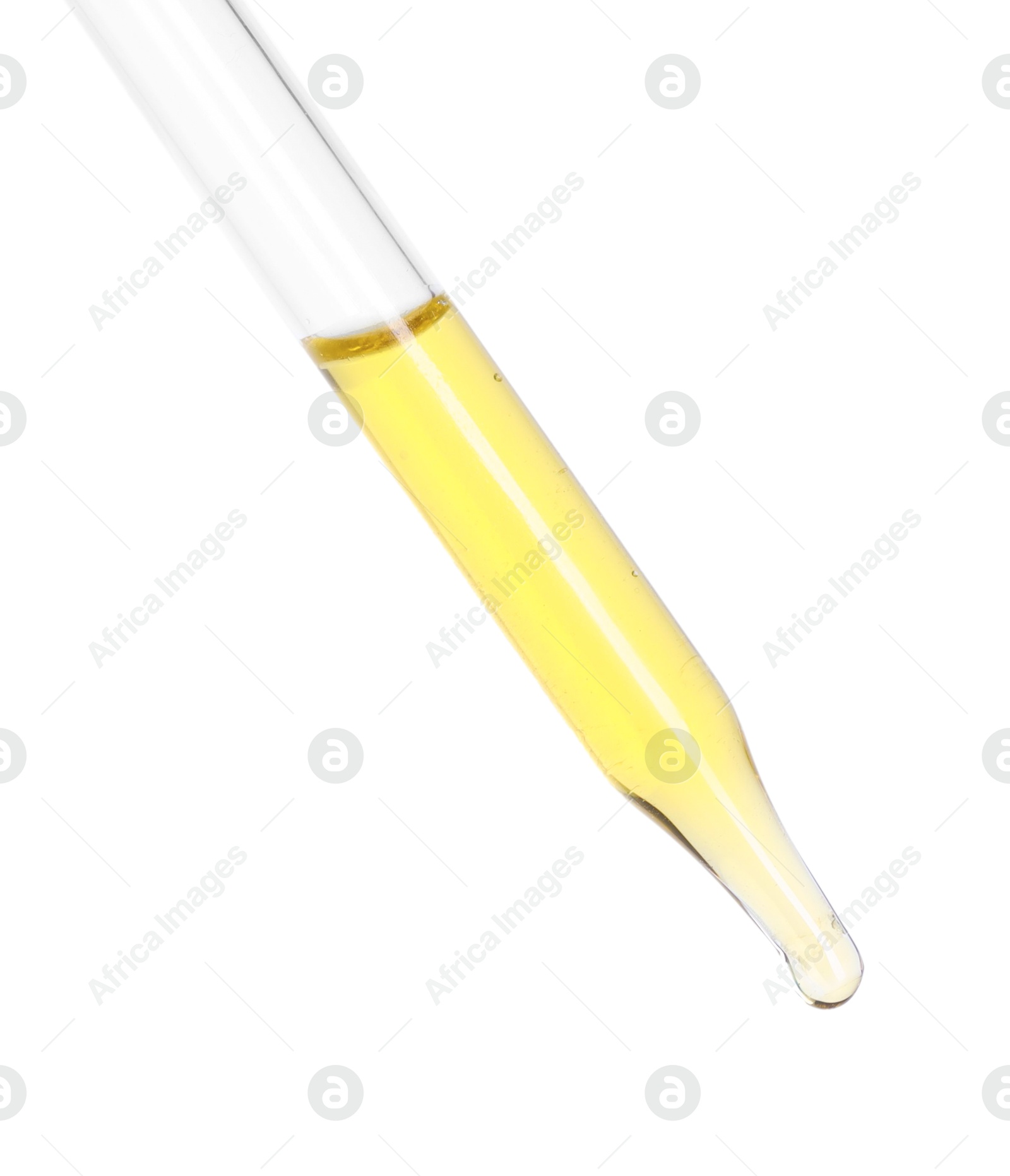 Photo of Dripping essential oil from pipette on white background