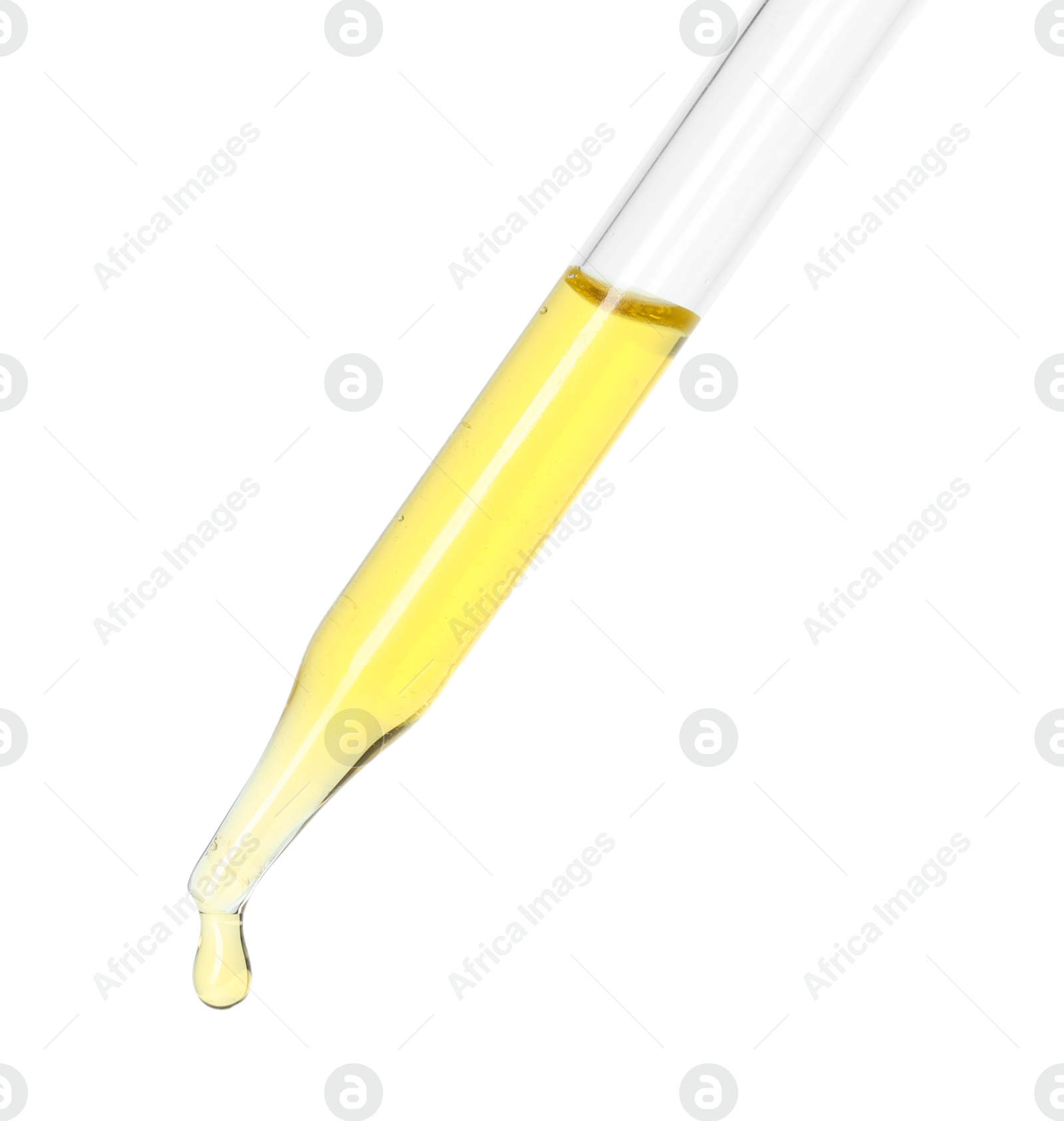 Photo of Dripping essential oil from pipette on white background