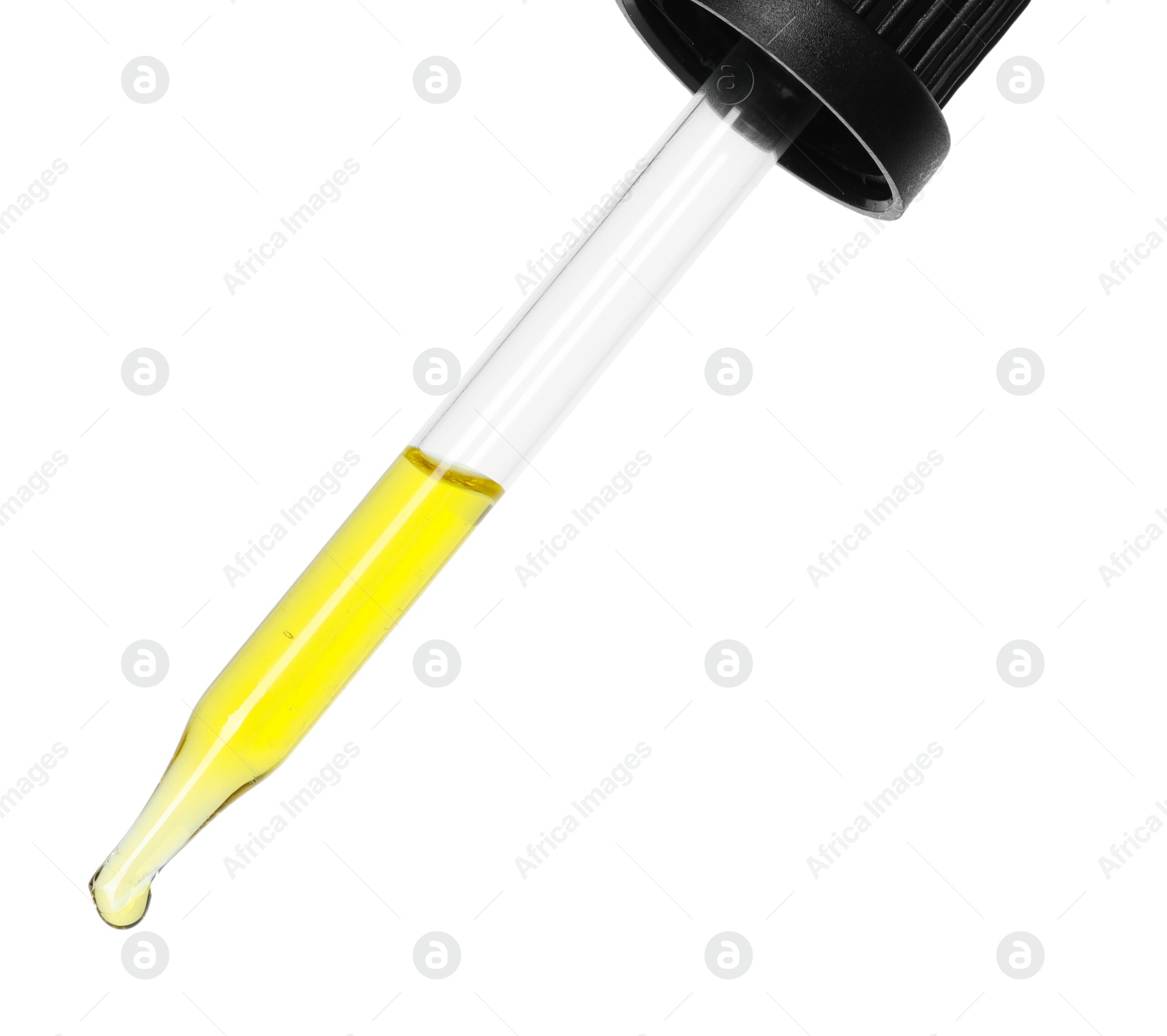 Photo of Dripping essential oil from pipette on white background