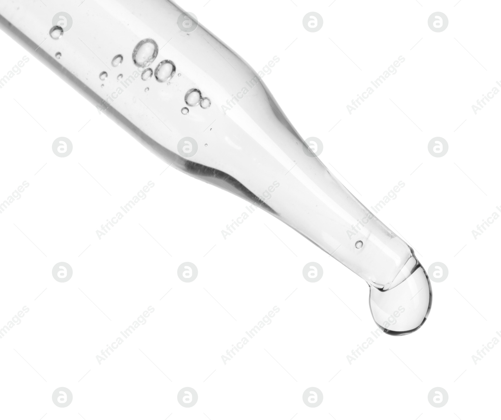 Photo of Dripping cosmetic serum from pipette on white background