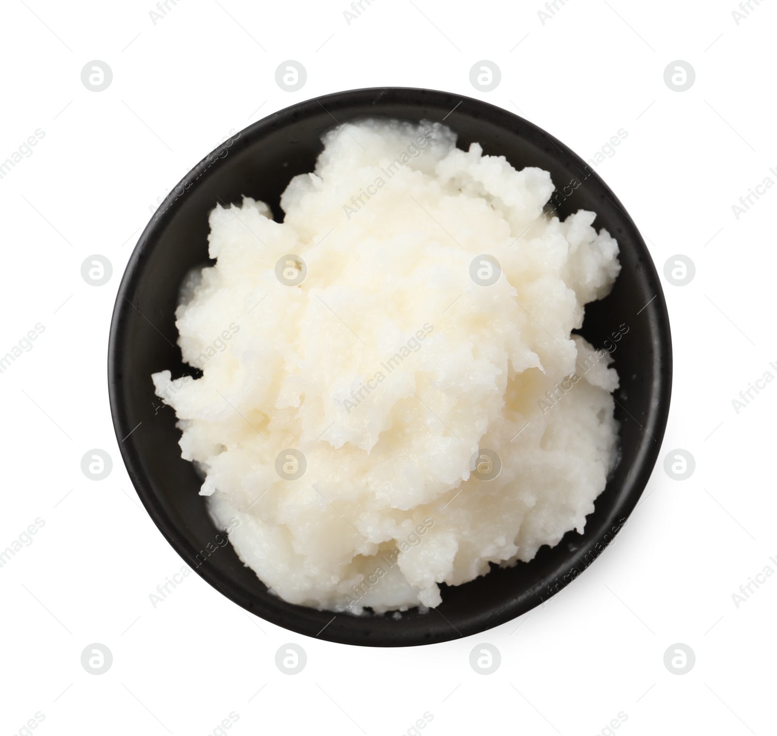 Photo of Natural shea butter in bowl isolated on white, top view