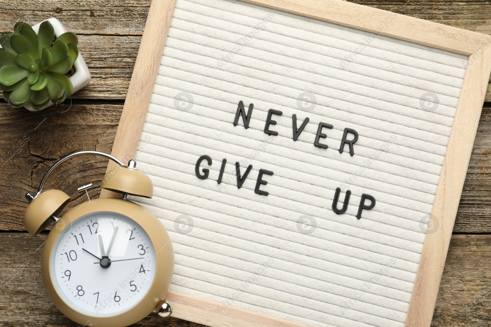 Photo of Letter board with phrase Never Give Up, alarm clock and succulent on wooden table, flat lay