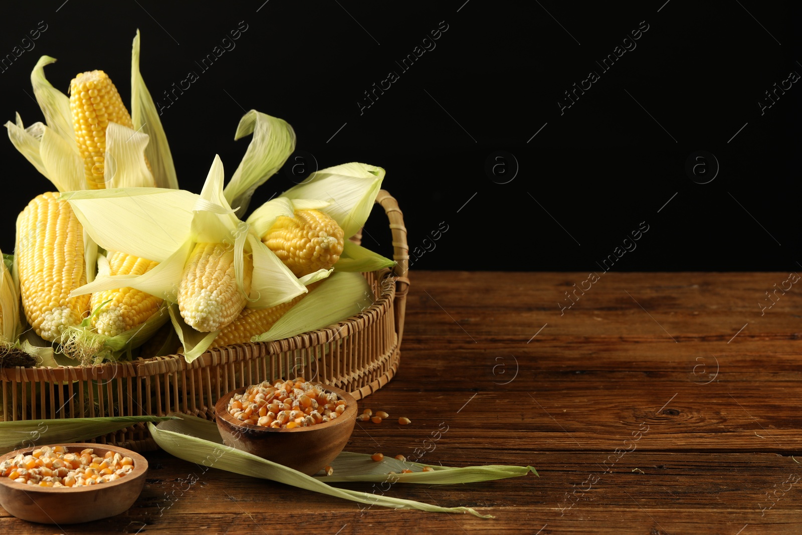 Photo of Many fresh ripe corncobs with green husks and kernels on wooden table. Space for text