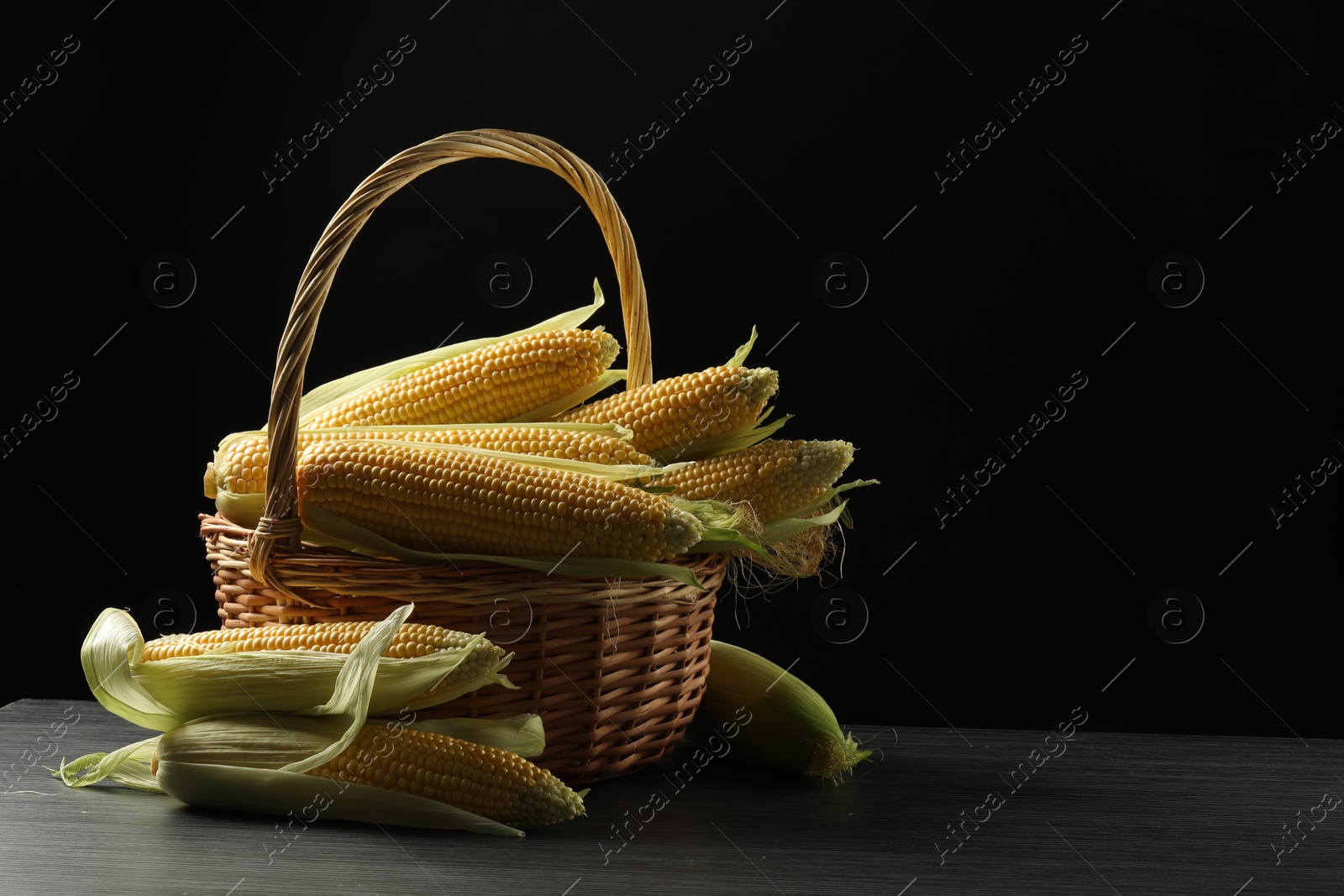 Photo of Many fresh ripe corncobs with green husks in wicker basket on table against black background. Space for text