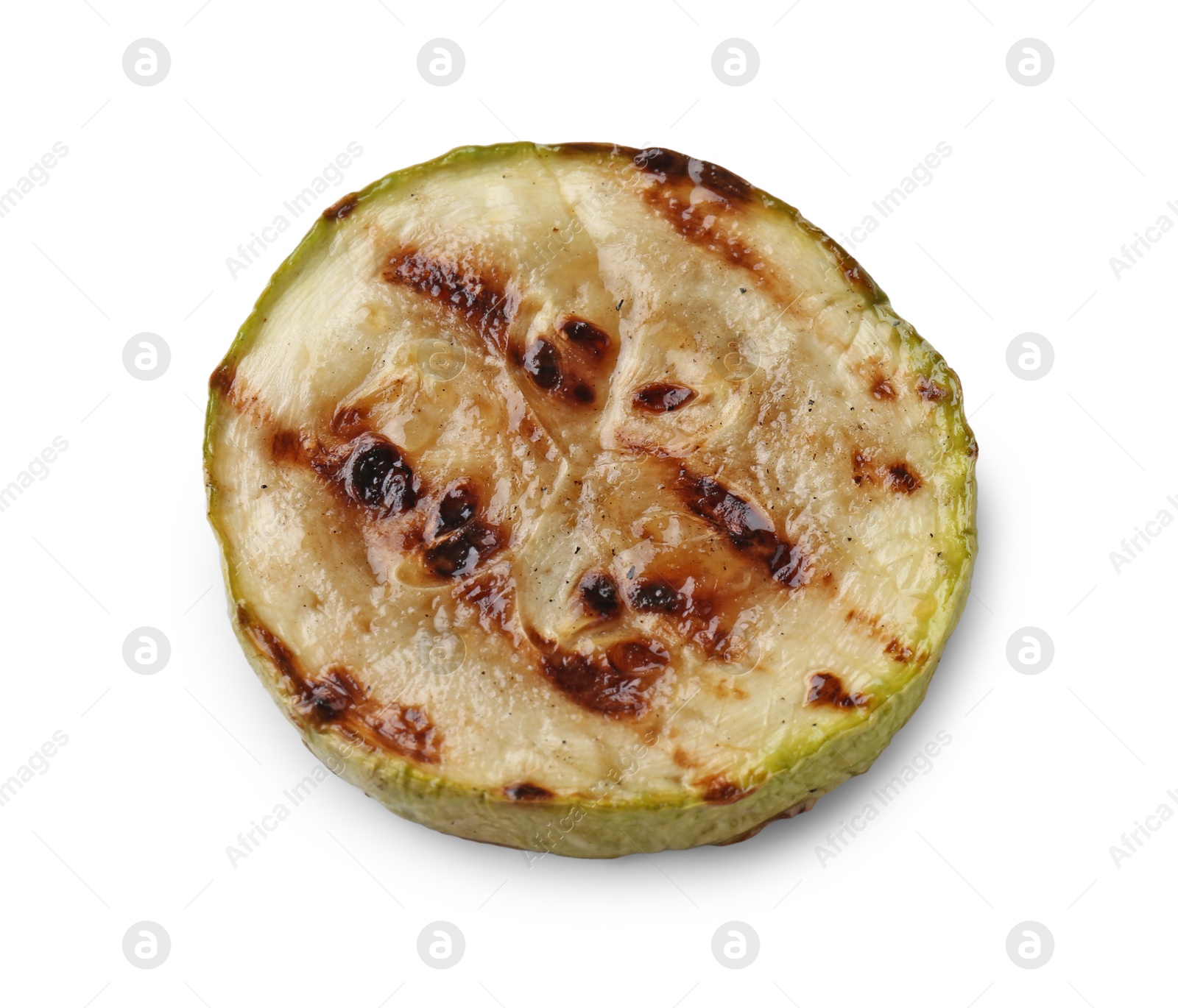 Photo of Tasty grilled courgette slice isolated on white, top view