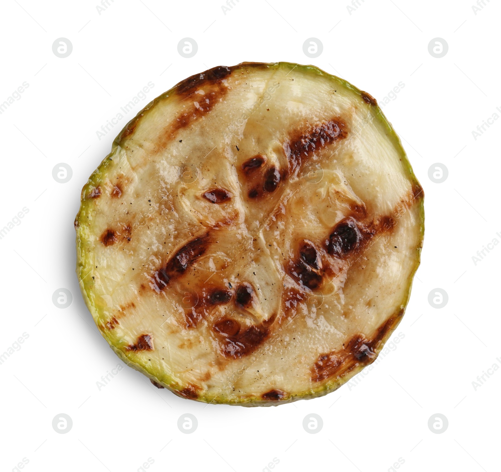 Photo of Tasty grilled courgette slice isolated on white, top view