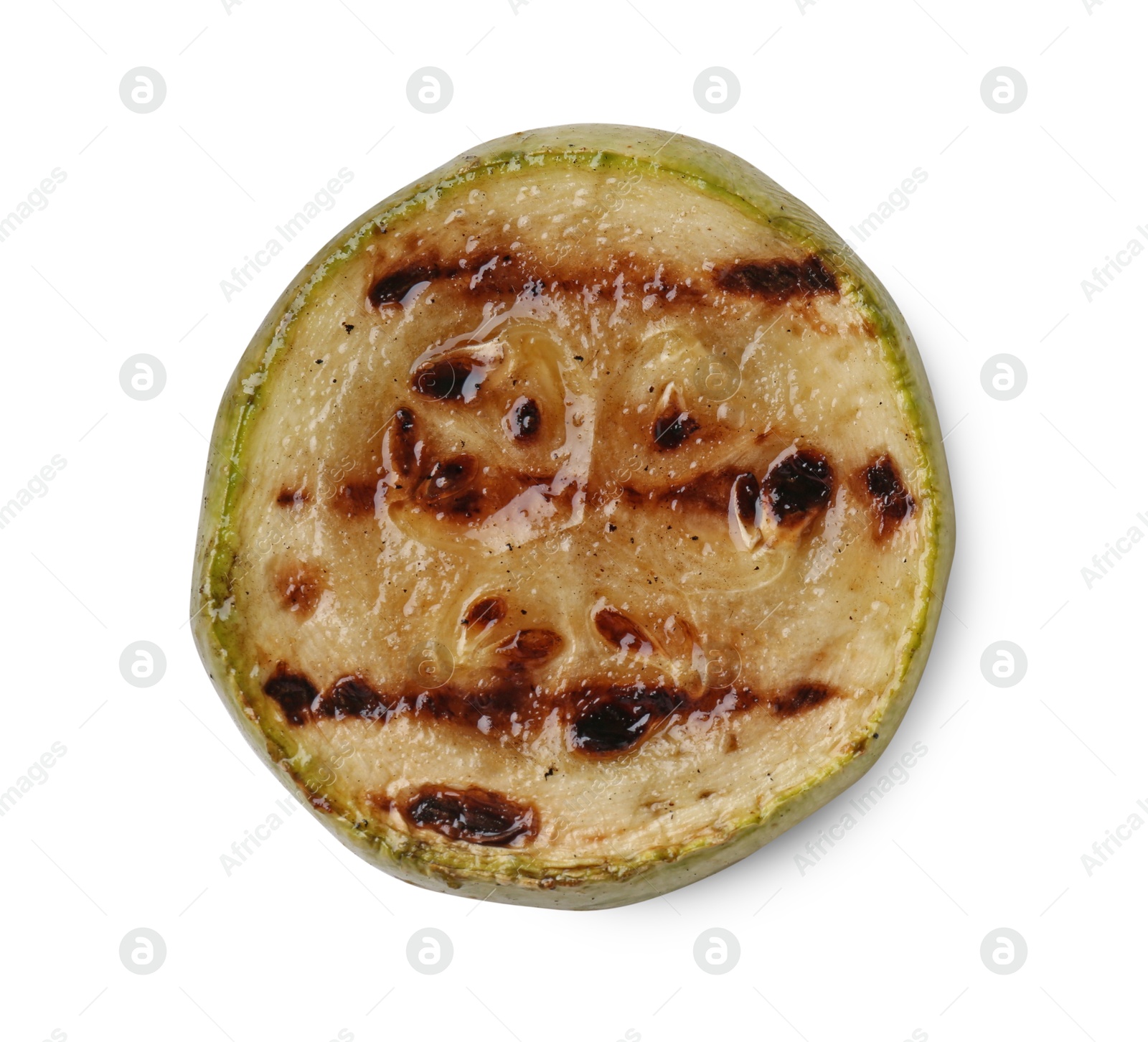 Photo of Tasty grilled courgette slice isolated on white, top view