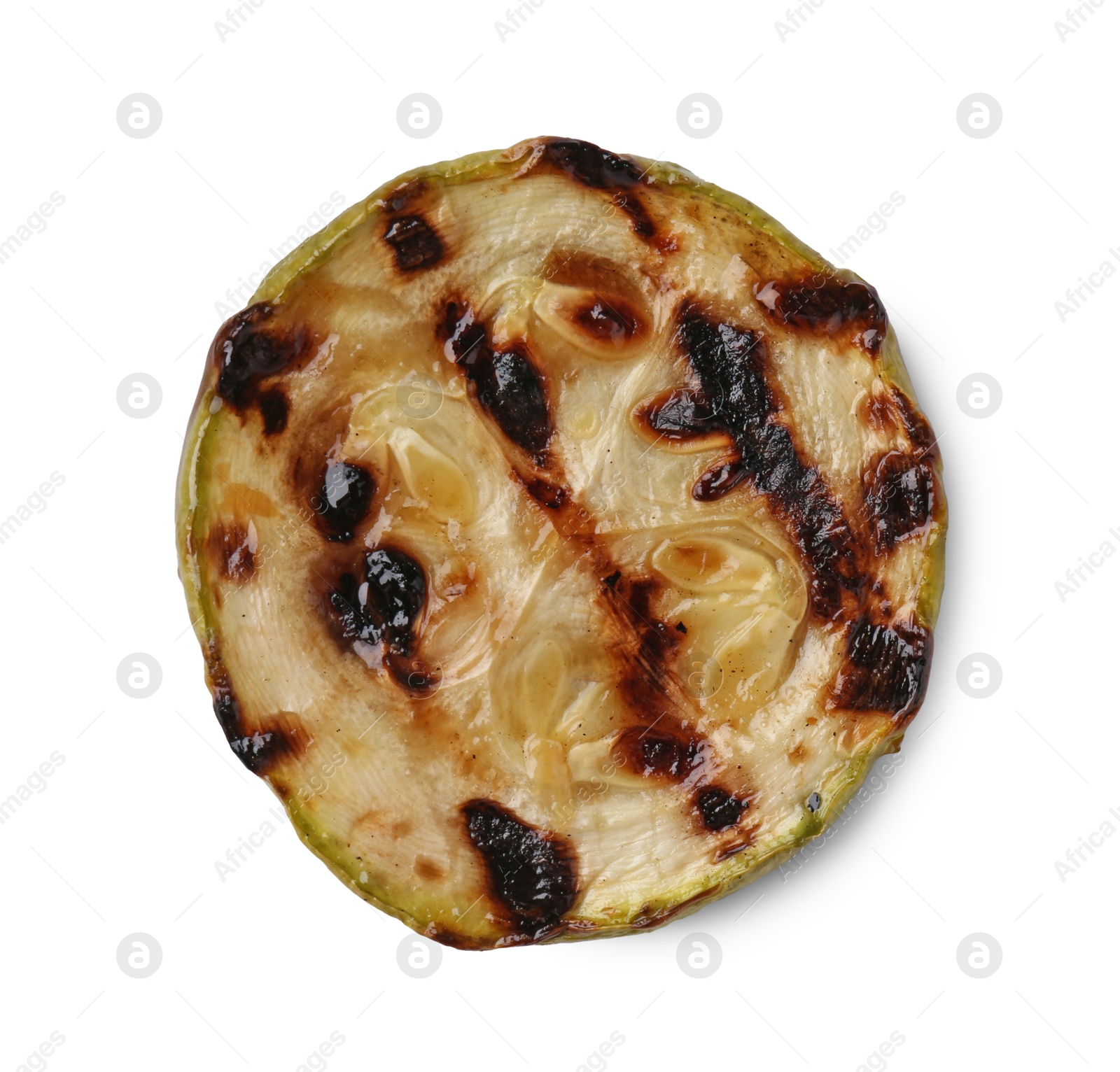 Photo of Tasty grilled courgette slice isolated on white, top view