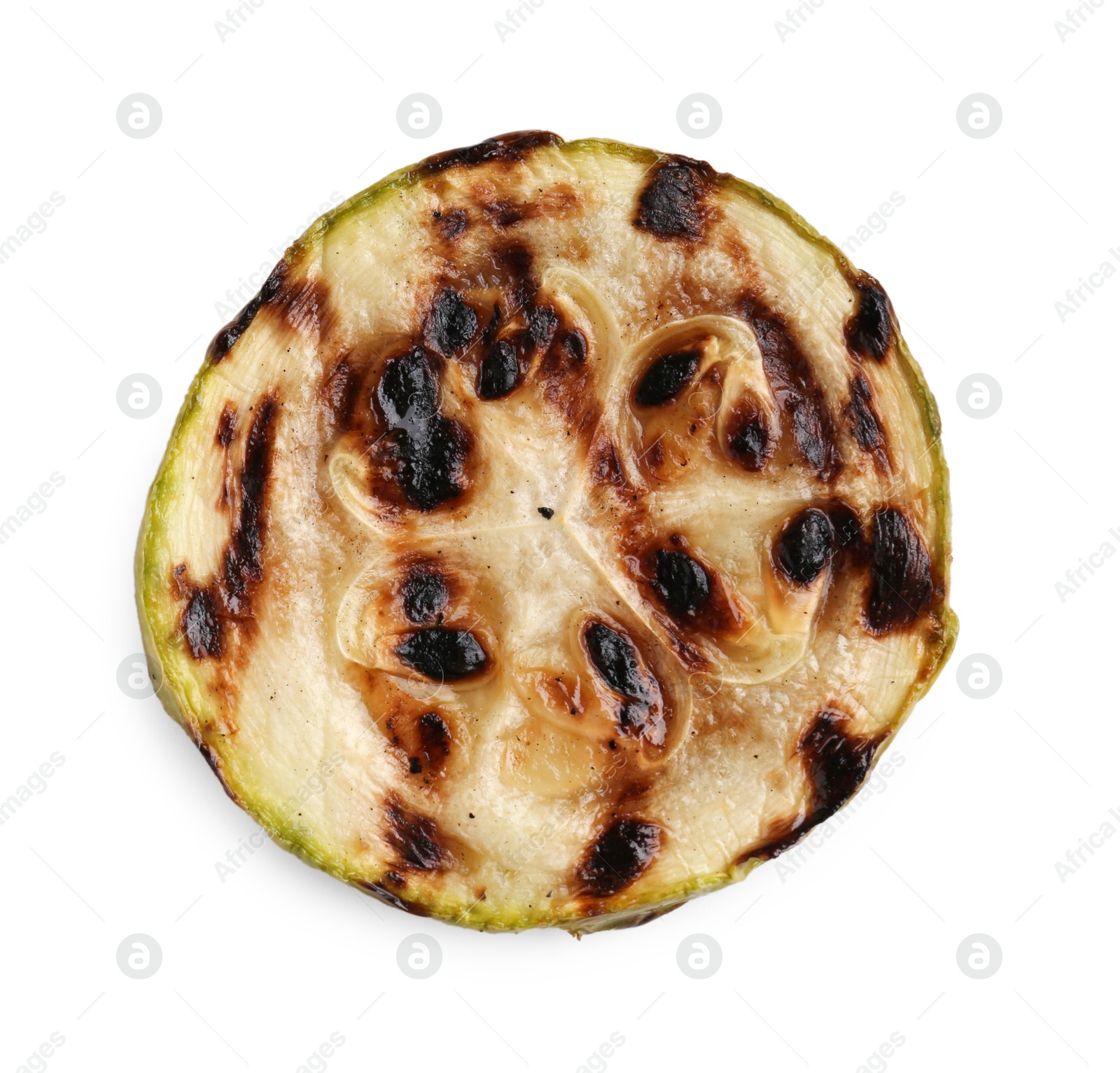 Photo of Tasty grilled courgette slice isolated on white, top view