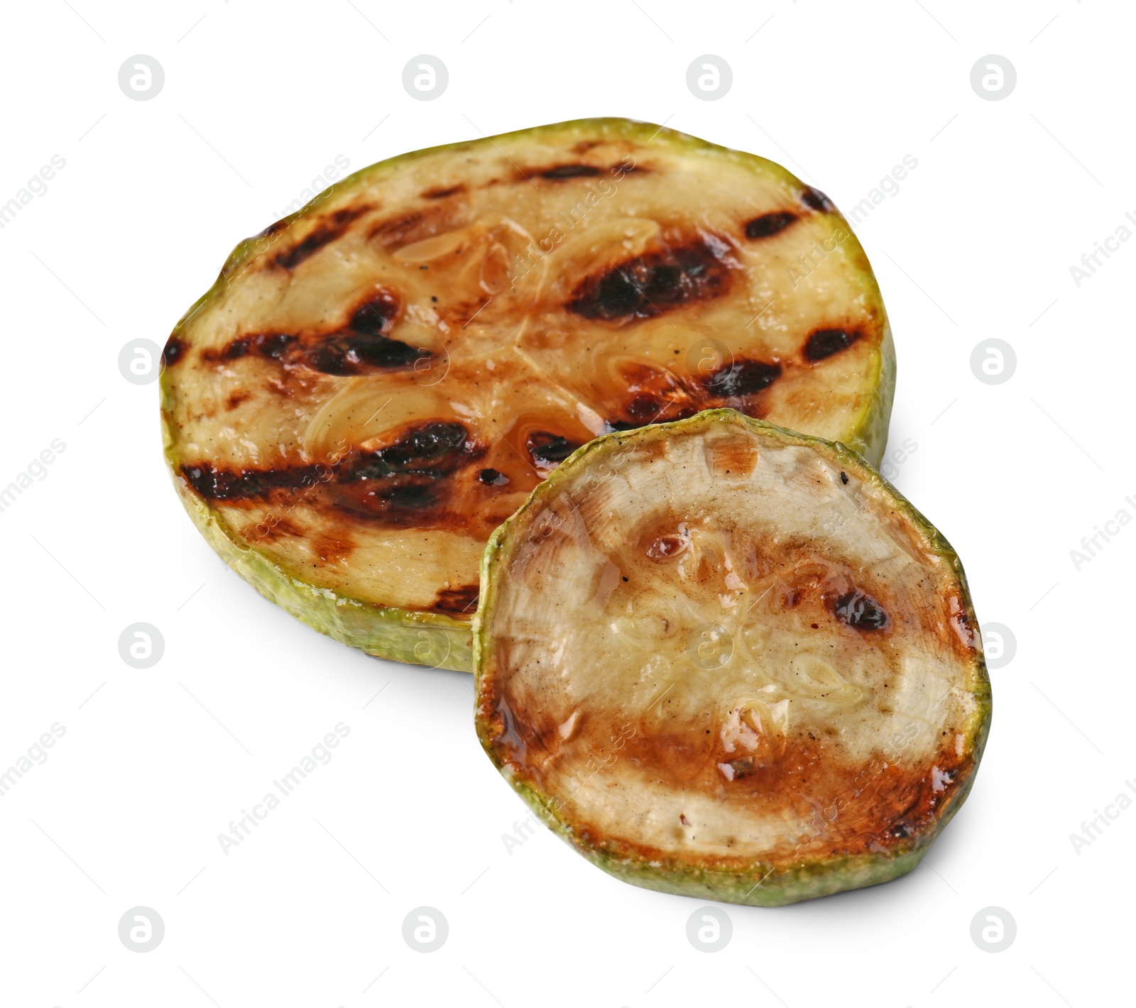 Photo of Two tasty grilled zucchini slices isolated on white