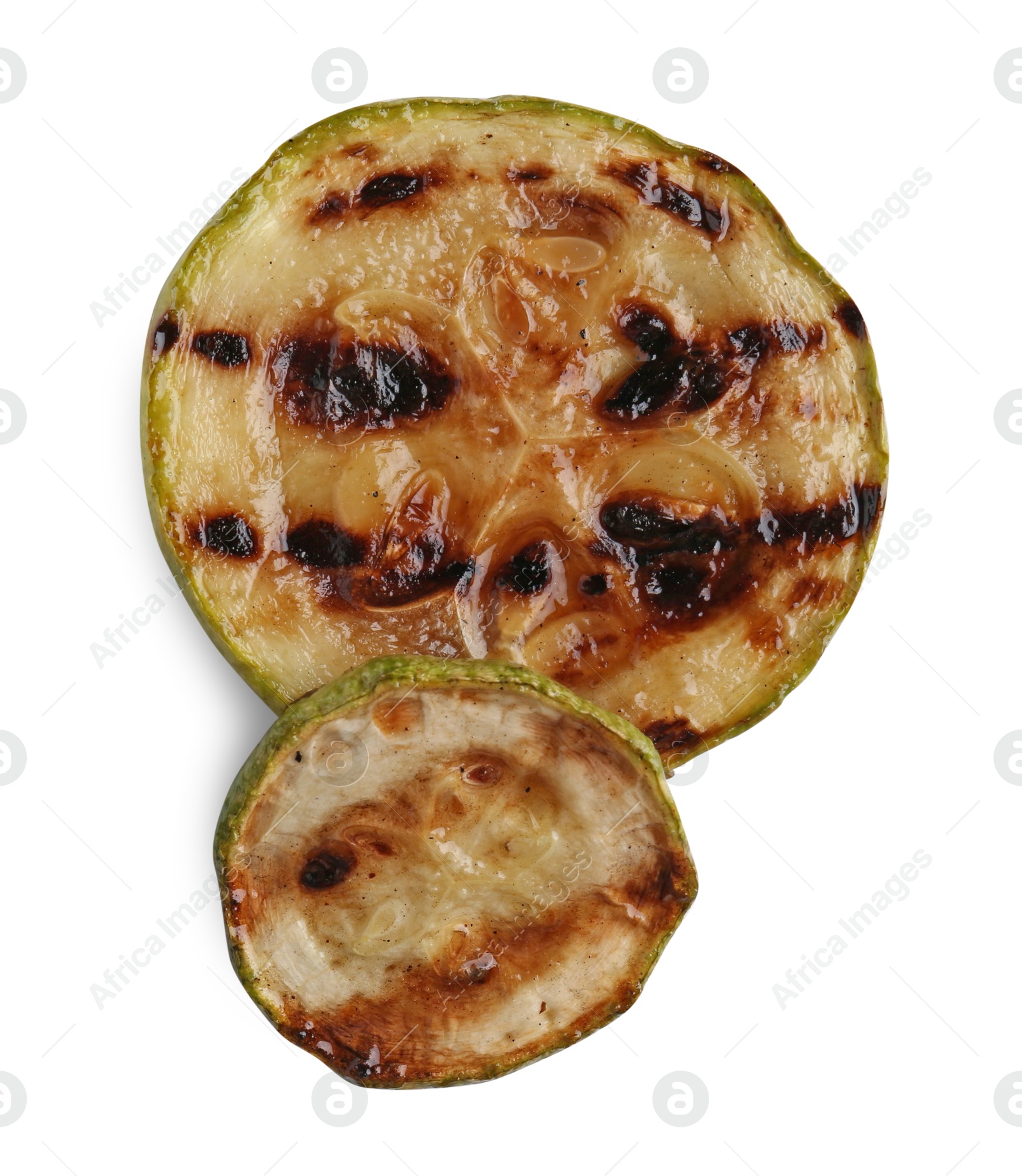 Photo of Two tasty grilled zucchini slices isolated on white, top view