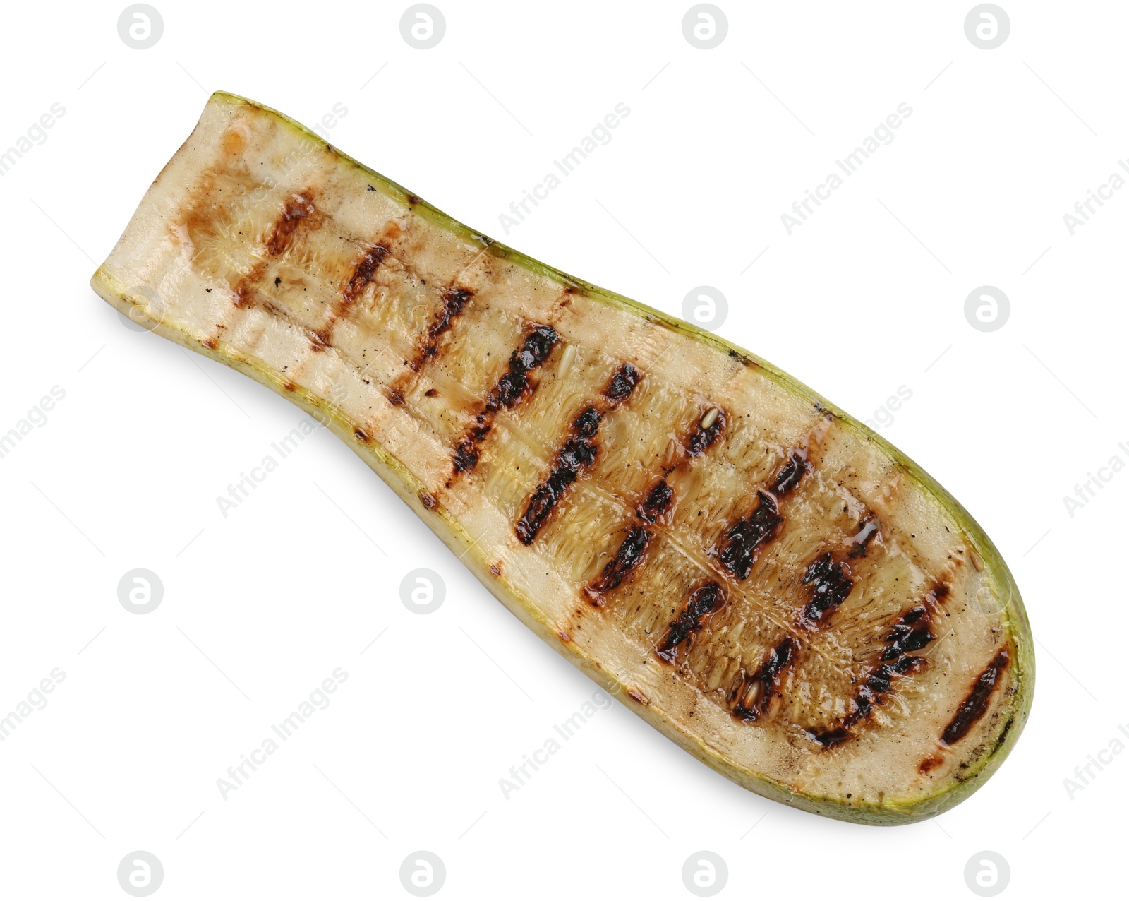 Photo of One tasty grilled zucchini slice isolated on white, top view