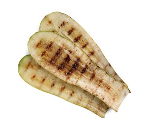 Photo of Tasty grilled courgette slices isolated on white, top view