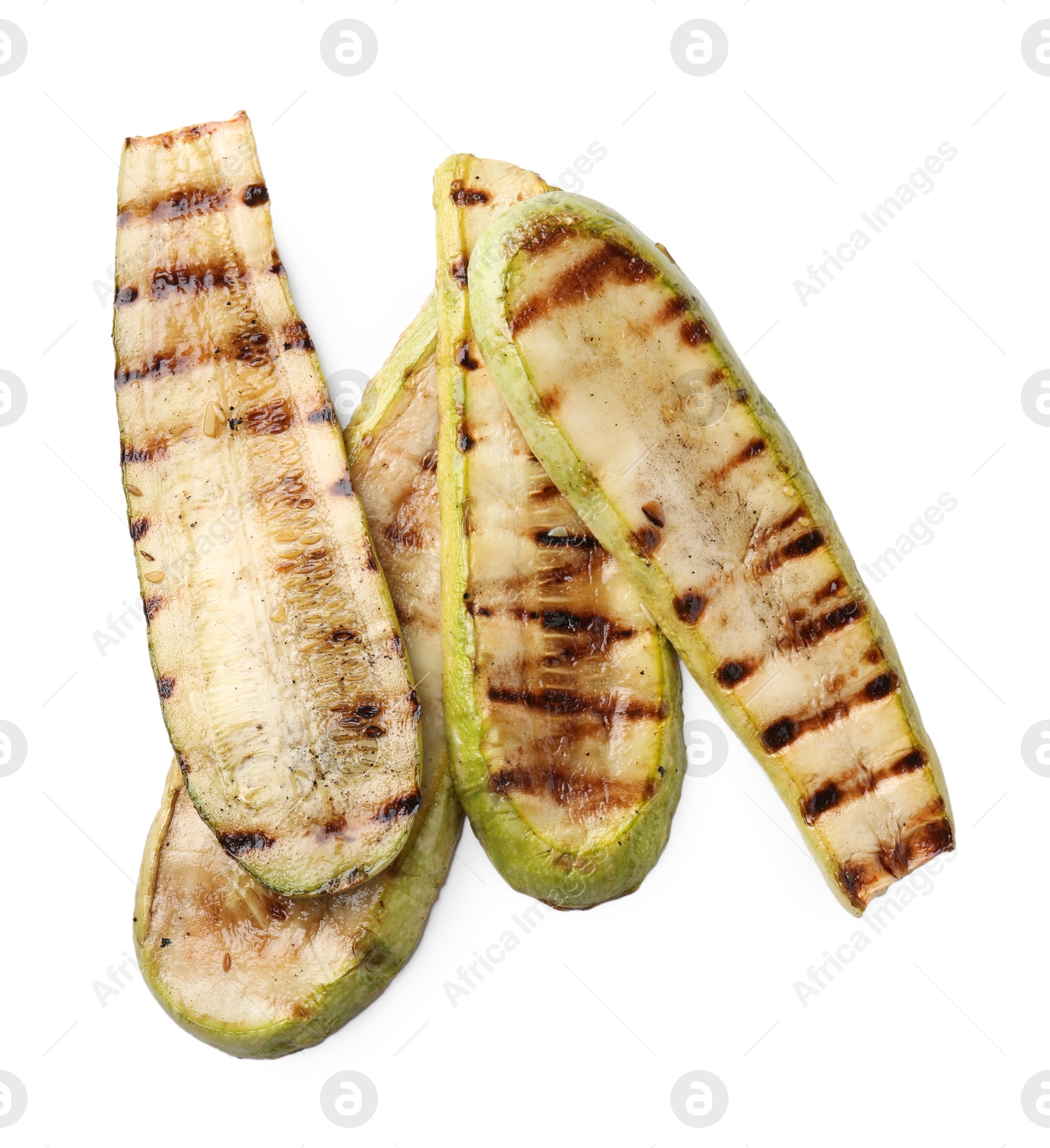 Photo of Tasty grilled courgette slices isolated on white, top view