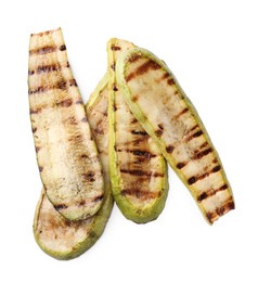 Photo of Tasty grilled courgette slices isolated on white, top view