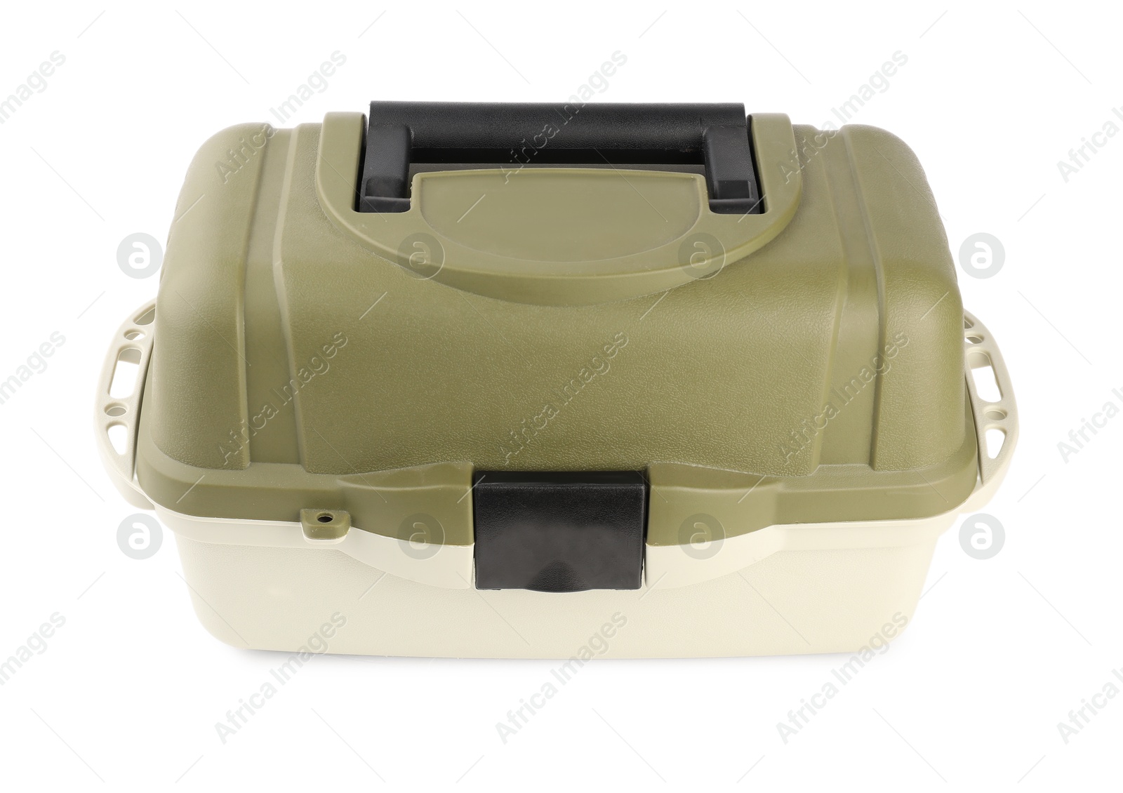 Photo of One tackle box isolated on white. Fishing equipment