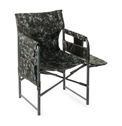 Photo of One folding camouflage chair isolated on white. Fishing equipment