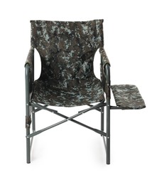 Photo of One folding camouflage chair isolated on white. Fishing equipment