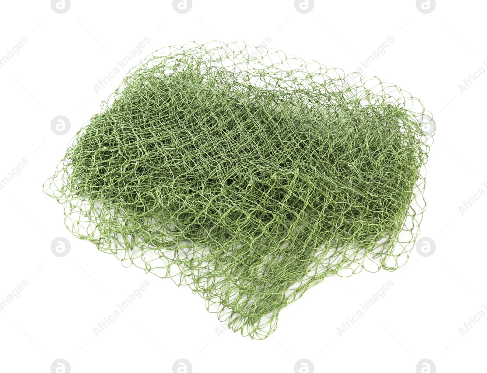 Photo of One green fishing net isolated on white, top view