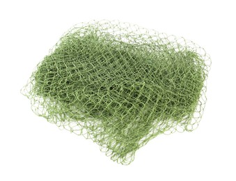 Photo of One green fishing net isolated on white, top view