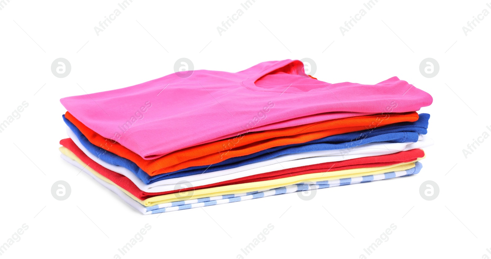 Photo of Stack of colorful clothes isolated on white