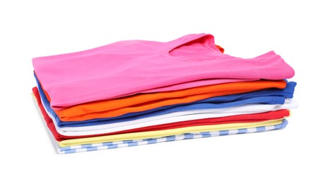 Photo of Stack of colorful clothes isolated on white