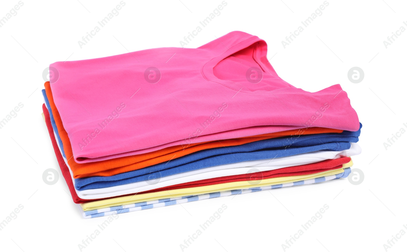 Photo of Stack of colorful clothes isolated on white