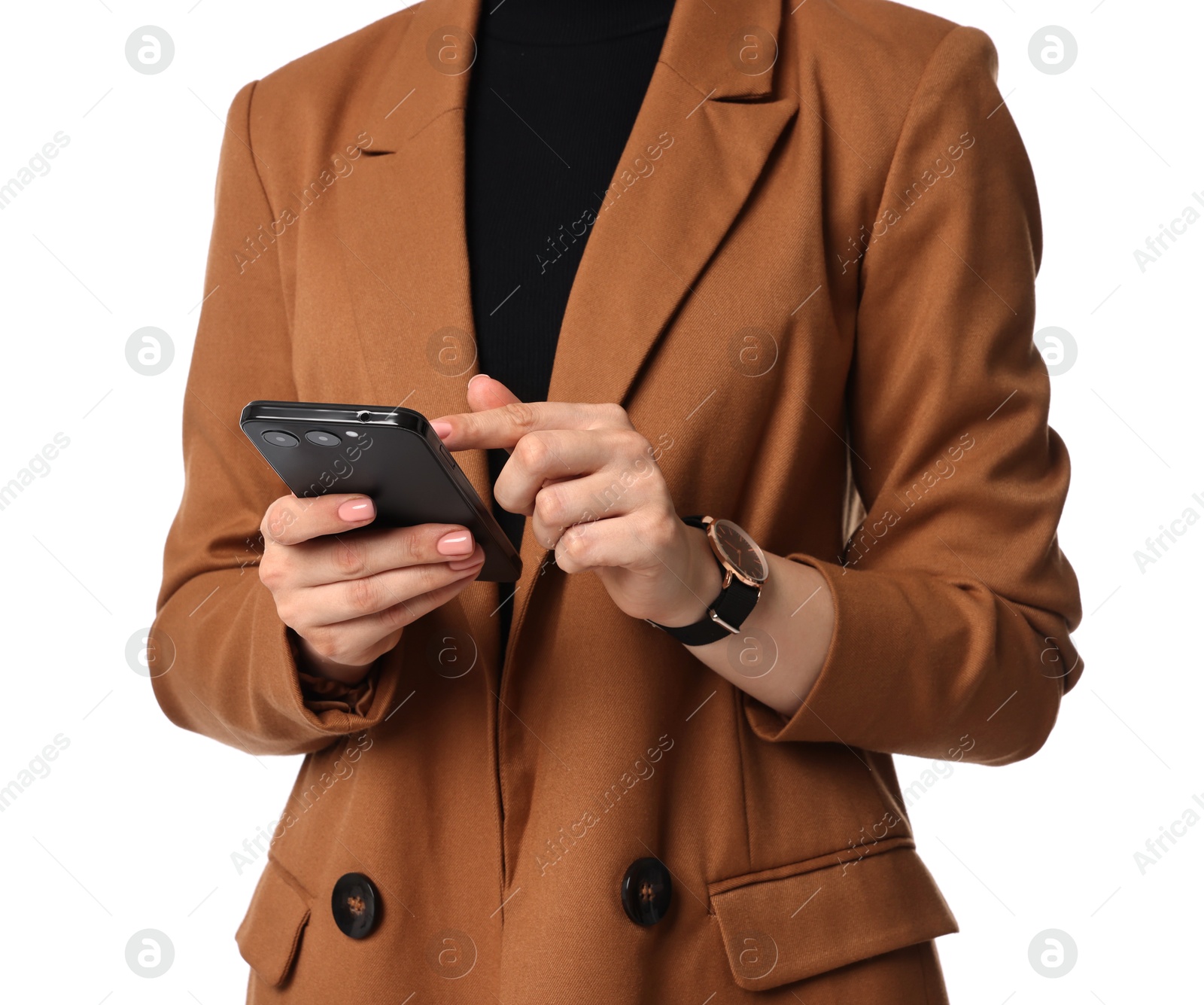 Photo of Woman in brown jacket using smartphone on white background, closeup