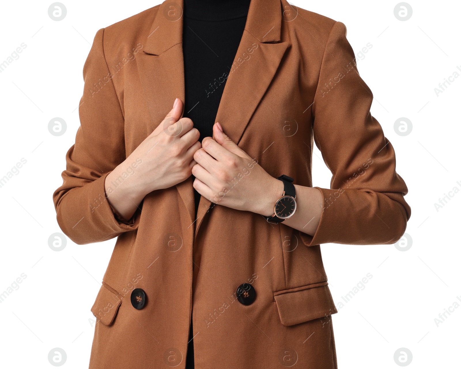 Photo of Woman in brown jacket on white background, closeup