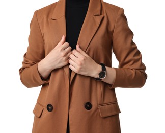 Photo of Woman in brown jacket on white background, closeup