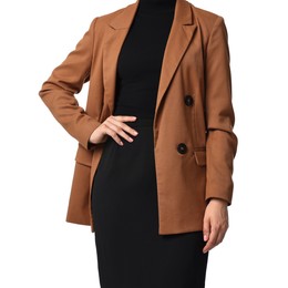 Woman in brown jacket and black dress on white background, closeup