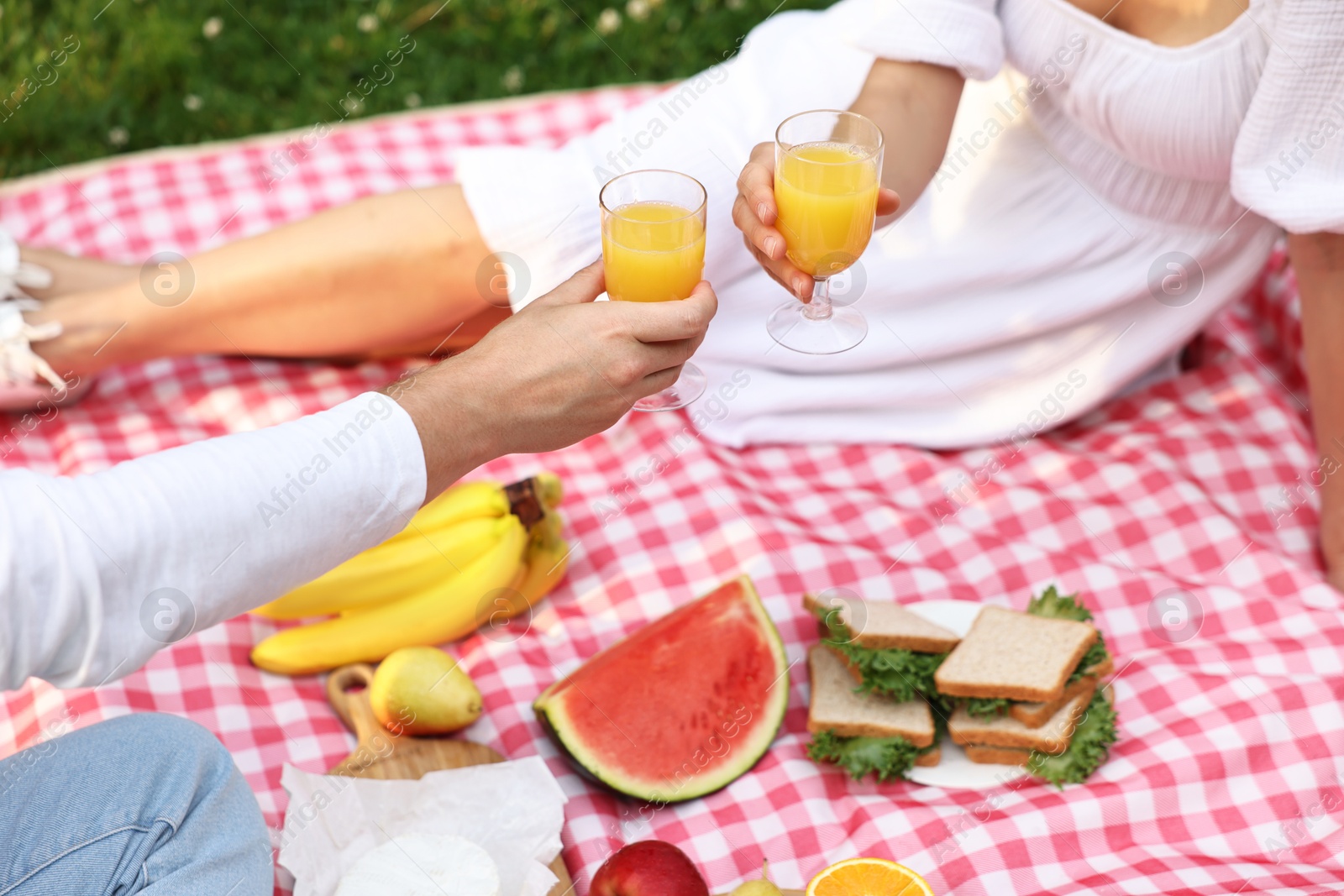 Photo of Lovely couple clinking glasses of juice on picnic blanket outdoors, closeup