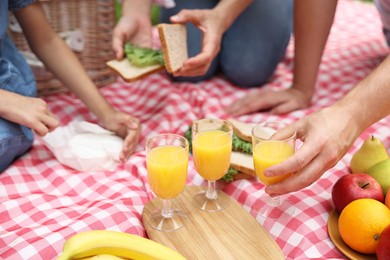 Family having picnic on checkered blanket outdoors, closeup