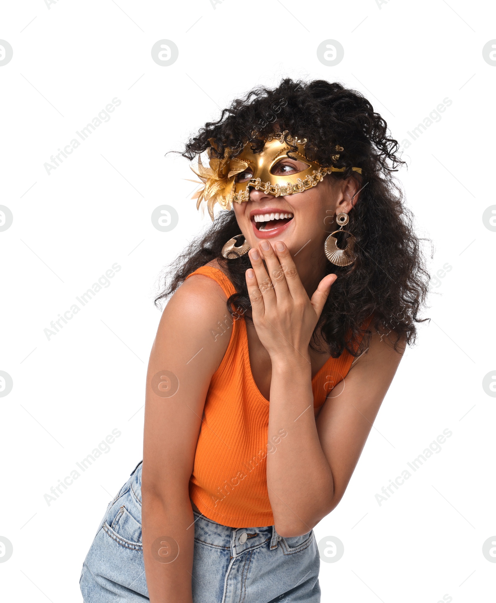 Photo of Smiling young woman wearing carnival mask on white background