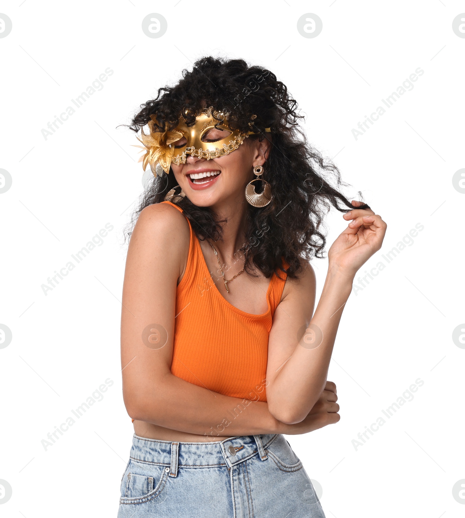 Photo of Smiling young woman wearing carnival mask on white background