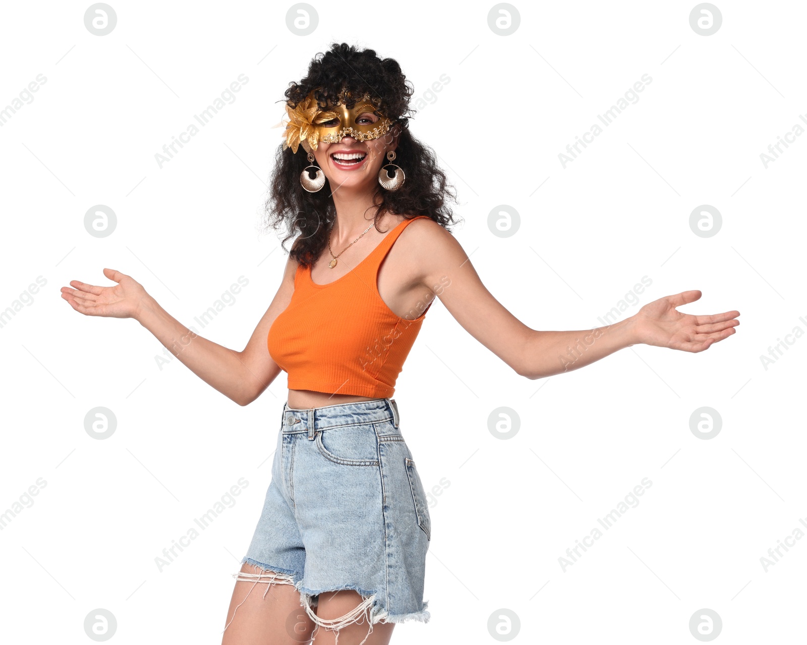 Photo of Smiling young woman in carnival mask isolated on white