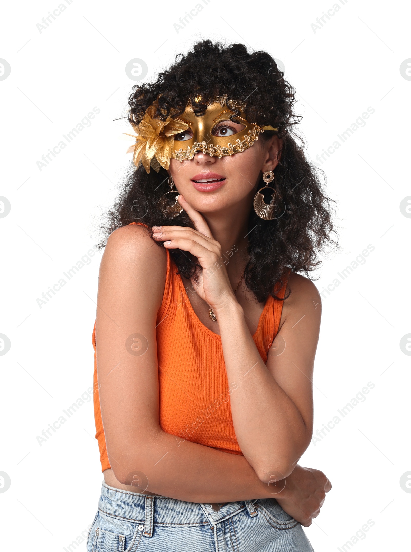 Photo of Beautiful young woman wearing carnival mask on white background