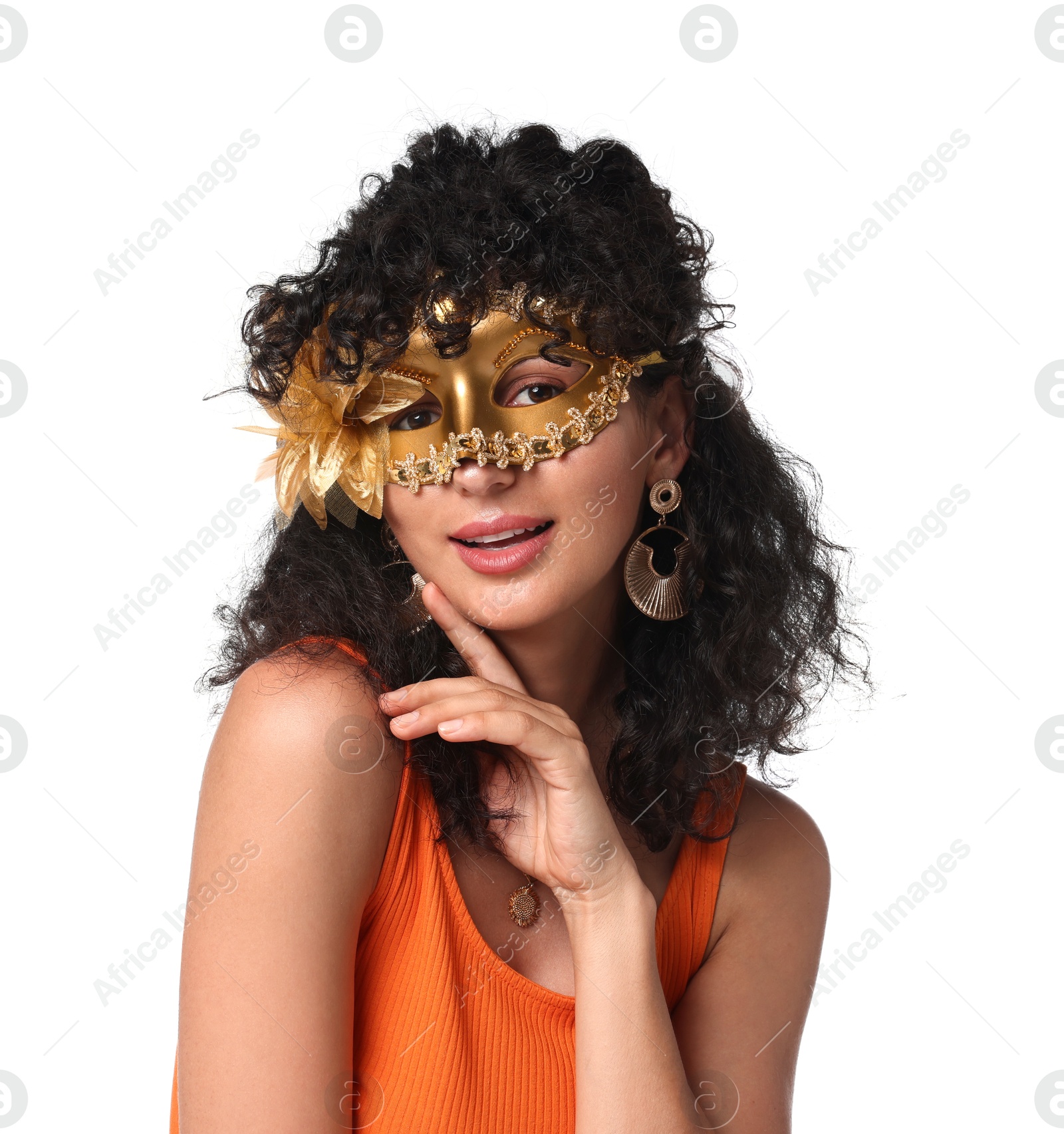 Photo of Beautiful young woman wearing carnival mask on white background