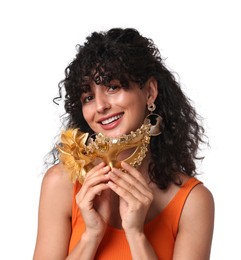 Photo of Smiling young woman with carnival mask isolated on white