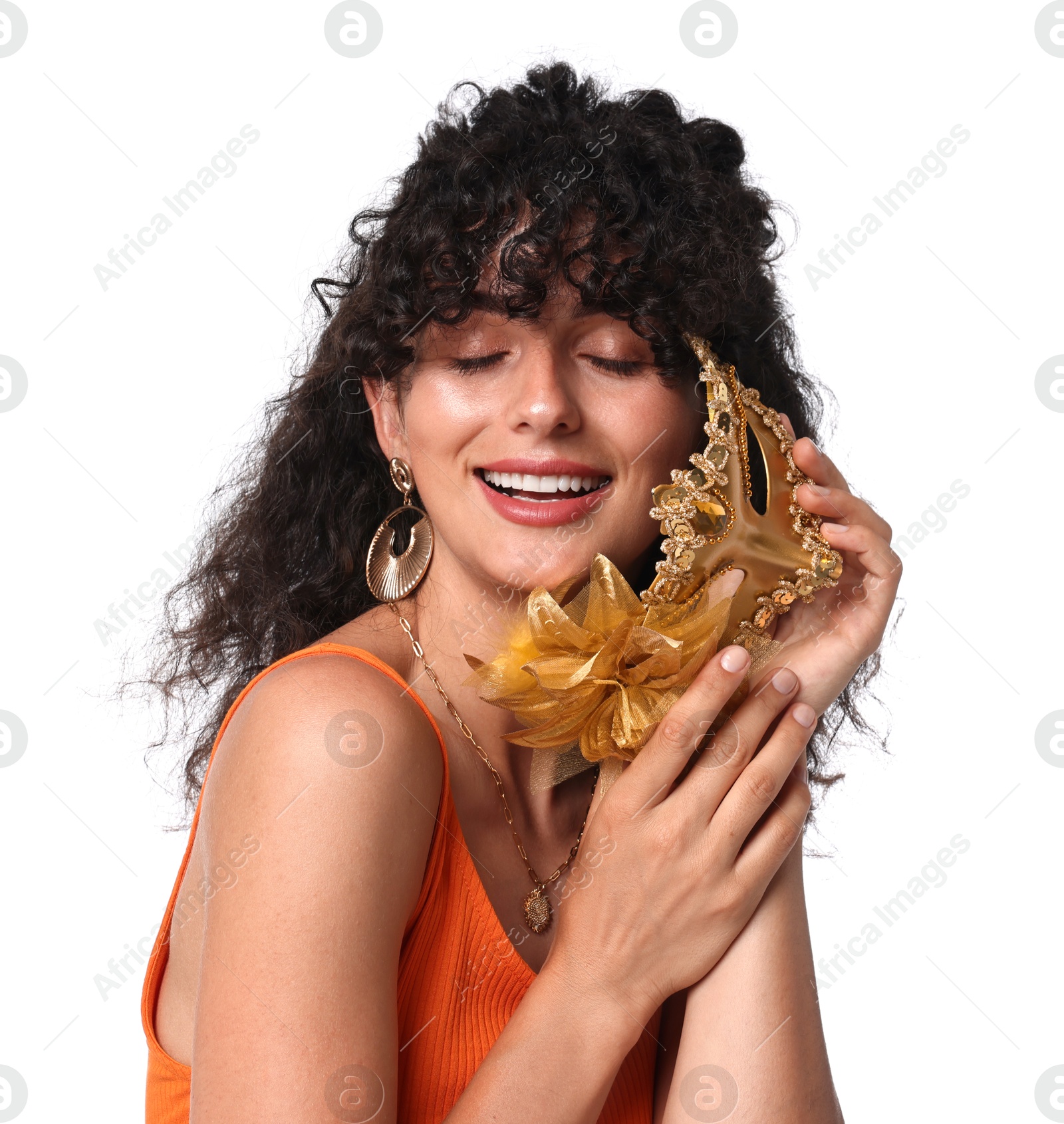 Photo of Smiling young woman with carnival mask isolated on white